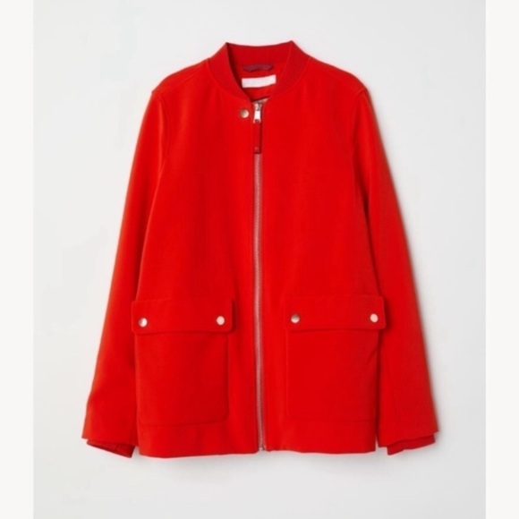H&M Vivid Coral Red Zip up Bomber Style Minimalist Jacket Preppy Fall Coat Sz 8 - Picture 1 of 16